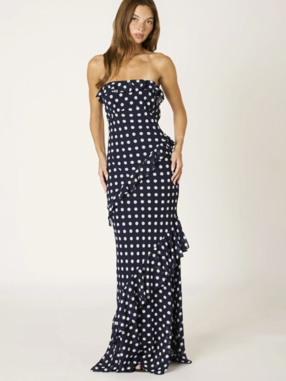 Navy Polka Dot Ruffle Maxi Dress size large